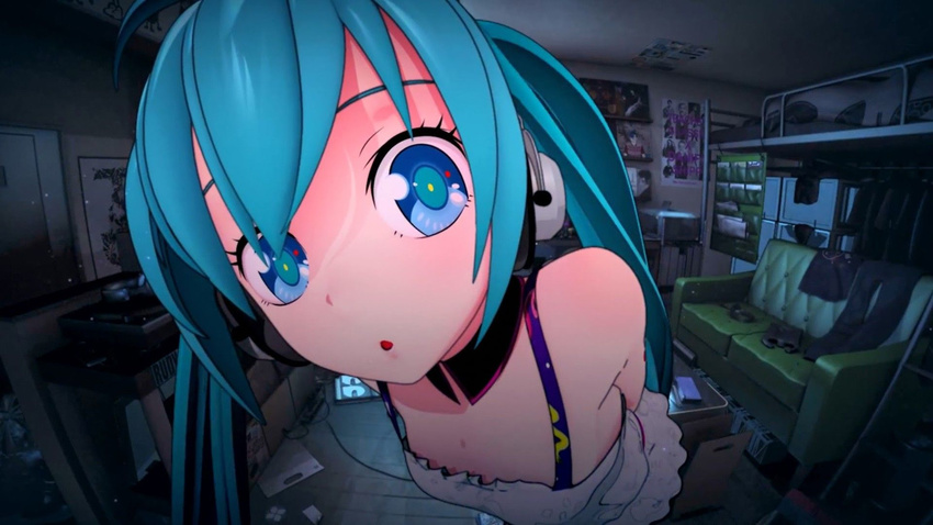 3d :o aqua_hair bare_shoulders bed blue_eyes couch dress fisheye hatsune_miku headphones highres indoors looking_at_viewer open_mouth pants poster_(object) redial_(vocaloid) screencap shirt shoes solo twintails vocaloid wallpaper white_dress