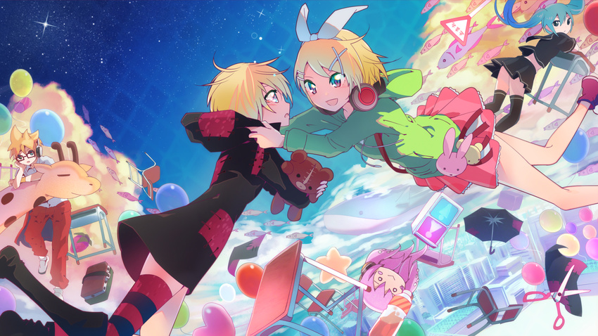 3girls aqua_eyes bespectacled blonde_hair dual_persona floating glasses hair_ornament hair_ribbon hairclip hatsune_miku highres hood hoodie inaeda_kei kagamine_len kagamine_rin megurine_luka melancholic_(vocaloid) melancholy_(module) multiple_girls project_diva_(series) project_diva_f ribbon school_jersey_(module) scissors_(module) short_hair skirt songover takoluka tokyo_teddy_bear_(vocaloid) vocaloid