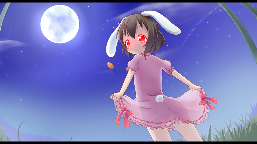 animal_ears bamboo black_hair bunny_ears bunny_tail carrot dress dress_lift full_moon glowing glowing_eyes grass highres inaba_tewi jewelry jewelry_removed letterboxed looking_at_viewer looking_back makuran moon necklace necklace_removed night pendant pink_dress puffy_sleeves red_eyes shooting_star short_sleeves sky smile solo star_(sky) starry_sky tail touhou