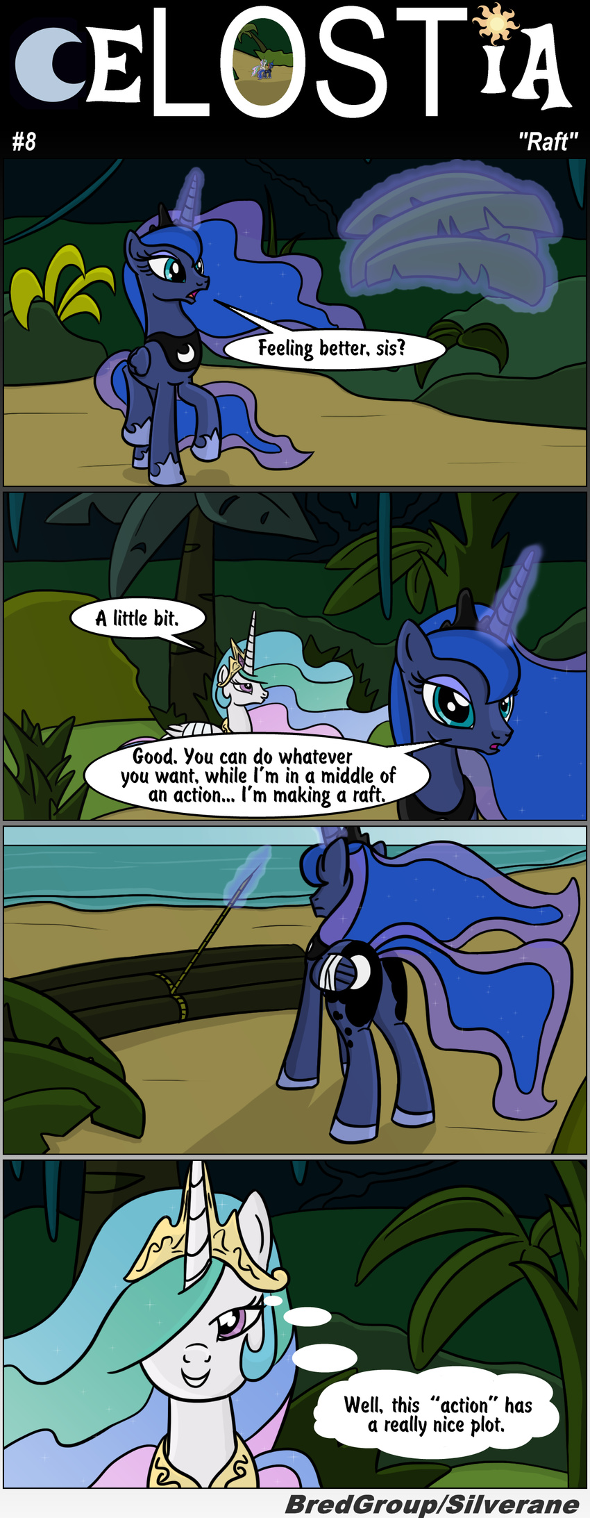 blue_fur blue_hair bredgroup comic crossover crown cutie_mark english_text equine female feral friendship_is_magic fur hair horn horse humor long_hair magic mammal multi-colored_hair my_little_pony night pony princess_celestia_(mlp) princess_luna_(mlp) pun purple_eyes rope royalty silverane text winged_unicorn wings