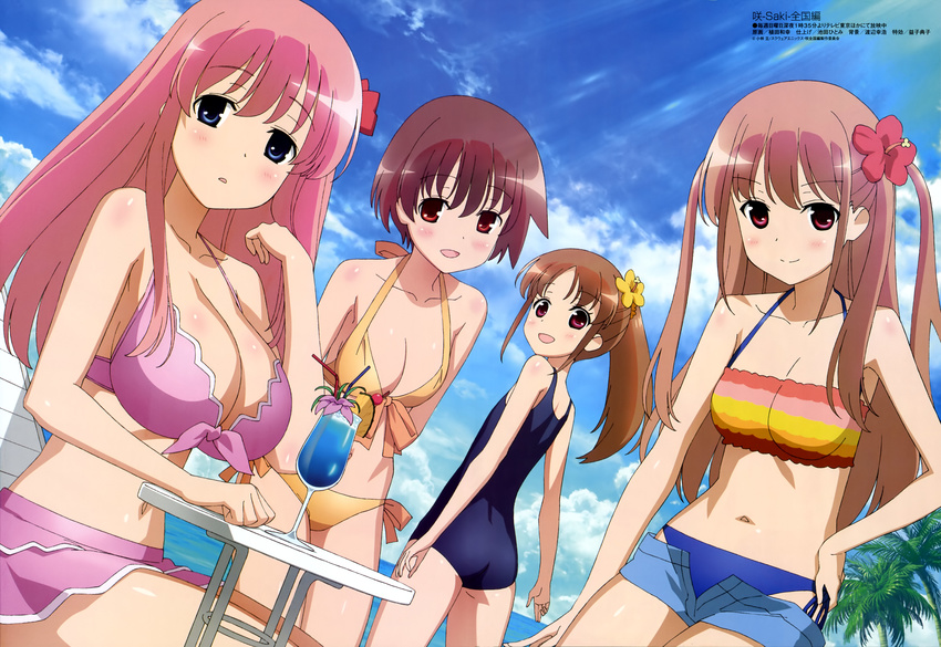 :d :o absurdres armpits ass atarashi_ako bangs bikini bikini_skirt bikini_under_clothes blue_eyes blue_hawaii blue_swimsuit blush body_blush bow breasts brown_hair chair cleavage clenched_hand closed_mouth cloud cowboy_shot cup day drink drinking_glass drinking_straw dutch_angle flat_chest flower front-tie_bikini front-tie_top grey_hair hair_bow hair_flower hair_ornament halterneck hand_on_hip haramura_nodoka hibiscus high_ponytail highres large_breasts light_smile long_hair looking_at_viewer looking_back lounge_chair megami miyanaga_saki multiple_girls navel non-web_source ocean official_art one-piece_swimsuit open_fly open_mouth orange_bikini outdoors palm_tree parted_bangs parted_lips pink_hair ponytail purple_bikini purple_eyes red_eyes saki scan school_swimsuit short_hair short_shorts shorts side-tie_bikini sitting sky small_breasts smile standing striped striped_bikini swimsuit swimsuit_under_clothes table takakamo_shizuno tree tropical_drink two_side_up ueda_kazuyuki water