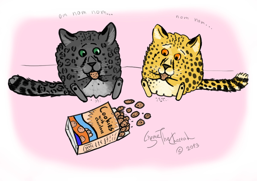 abstract abstract_background black_fur cheetah chibi cookie cryme_the_cheetah duo eating feline fluffy_panther fur green_eyes hybrid jaguar khraym male mammal orange_eyes panther paws sketchy what whiskers white_fur yellow_fur