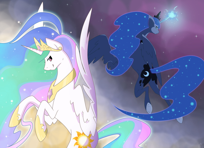 2014 blue_eyes crown cutie_mark equine female flying friendship_is_magic glowing gold horn horse magic mammal my_little_pony necklace pony princess_celestia_(mlp) princess_luna_(mlp) purple_eyes sparkles stickfigurequeen winged_unicorn wings