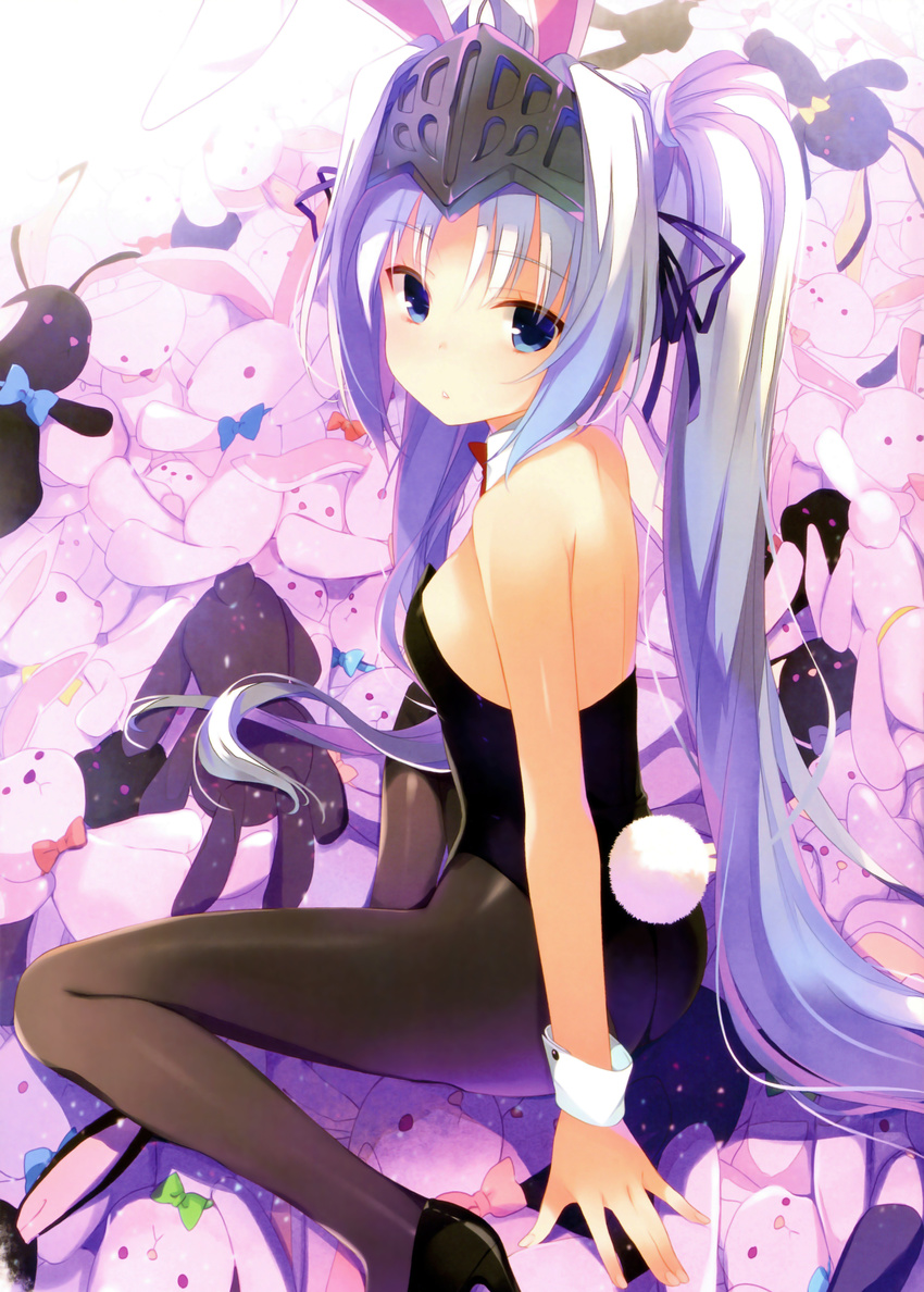 :&lt; absurdres animal_ears ass bare_shoulders black_legwear blue_eyes breasts bunny bunny_ears bunny_tail bunnysuit detached_collar eucliwood_hellscythe headpiece high_heels highres kore_wa_zombie_desu_ka? long_hair looking_at_viewer looking_back pantyhose parted_lips qp:flapper scan sitting small_breasts solo stuffed_animal stuffed_bunny stuffed_toy tail twintails very_long_hair white_hair wrist_cuffs yokozuwari