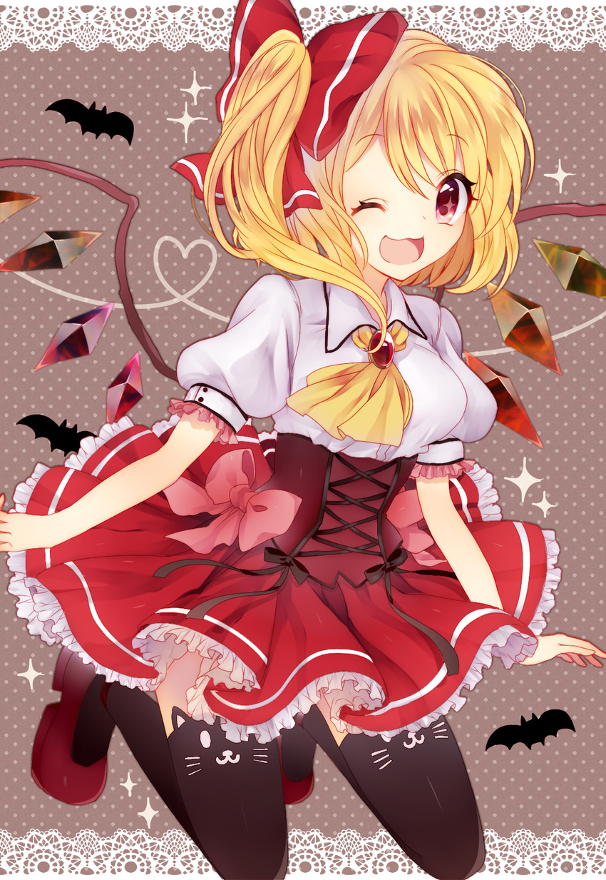 1girl bat black_legwear blonde_hair blush bow flandre_scarlet hair_bow heart heart_of_string highres kawachi_rin no_hat no_headwear one_eye_closed open_mouth red_eyes short_sleeves side_ponytail smile solo thighhighs touhou wings