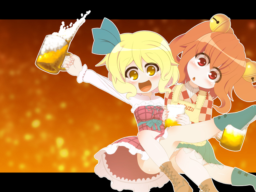 :&lt; :d alcohol beer beer_mug beerko bell boots brown_hair character_name chestnut_mouth clothes_writing cup hair_bell hair_ornament head_tilt highres holding holding_cup kuresento legs letterboxed motoori_kosuzu mug multiple_girls no_nose open_mouth original red_eyes ribbon skirt smile touhou twintails yellow_eyes