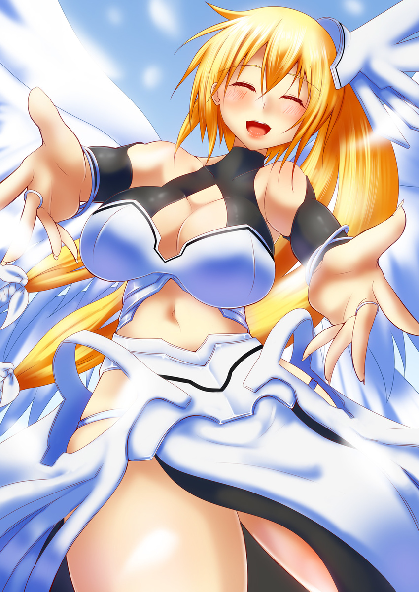 angel_wings astraea blonde_hair highres outstretched_arms smile solo sora_no_otoshimono spread_arms wings yamaneko_ken