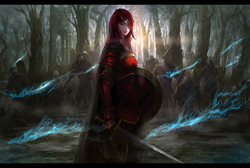 armor building fire forest long_hair noba pixiv_fantasia red_eyes red_hair sword tree weapon