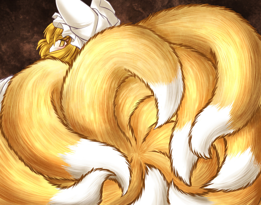 blonde_hair blush fox_tail hat multiple_tails mumumu solo tail touhou yakumo_ran yellow_eyes