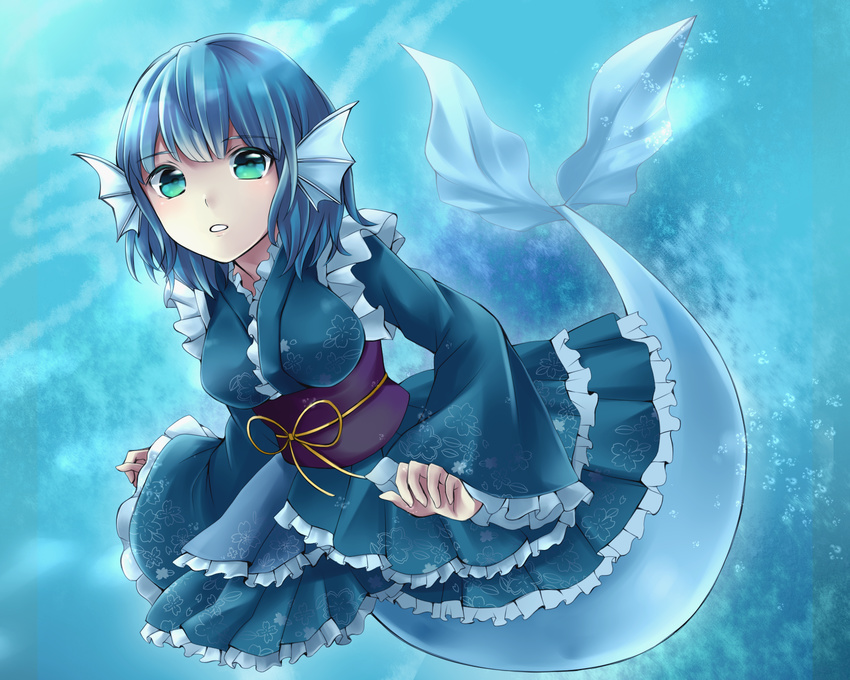 blue_hair breasts frilled_kimono frills green_eyes head_fins highres japanese_clothes kimono large_breasts looking_at_viewer mermaid monster_girl obi parted_lips richard_(ri39p) sash short_hair solo touhou underwater wakasagihime
