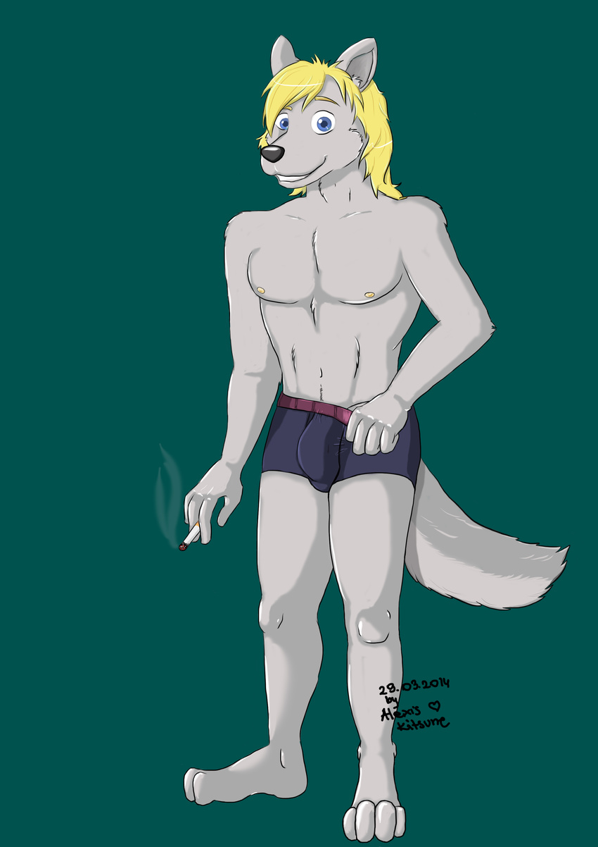 alexis_kitsune anthro blonde_hair blue_eyes boxers bulge canine cigarette fur greyblue_eyes hair james_wolf looking_at_viewer male mammal nipples nude smile smoke smoking solo standing suggestive topless underwear wolf