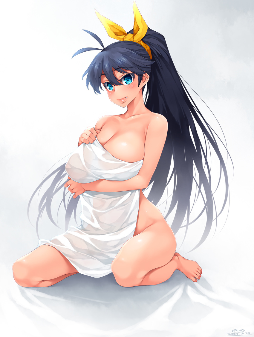 antenna_hair barefoot black_hair blue_eyes blush bow breasts cleavage closed_mouth collarbone covered_nipples covering dated eyebrows_visible_through_hair fang fang_out full_body ganaha_hibiki hair_between_eyes hair_bow hair_ribbon happa_(cloverppd) head_tilt highres idolmaster idolmaster_(classic) large_breasts lips long_hair looking_at_viewer nude_cover number ponytail ribbon signature sitting solo towel very_long_hair wariza yellow_ribbon