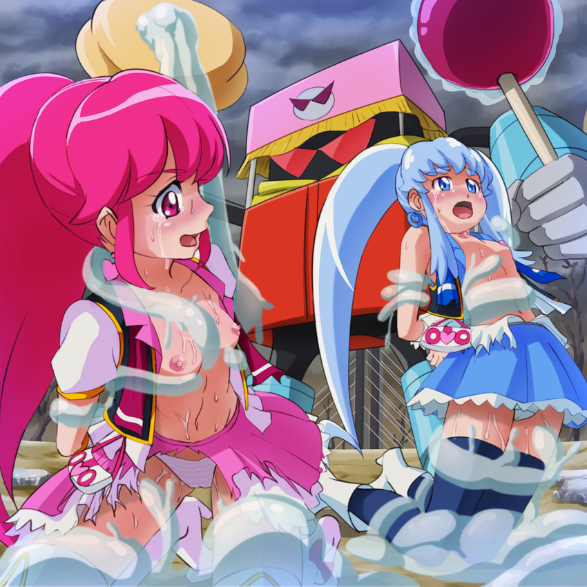 aino_megumi arms_behind_back bdsm blue_eyes blue_hair blush bondage bound breasts cure_lovely cure_princess happinesscharge_precure! nipples panties pink_eyes pink_hair precure saiark shirayuki_hime slime tears tentacle topless torn_clothes twintails underwear