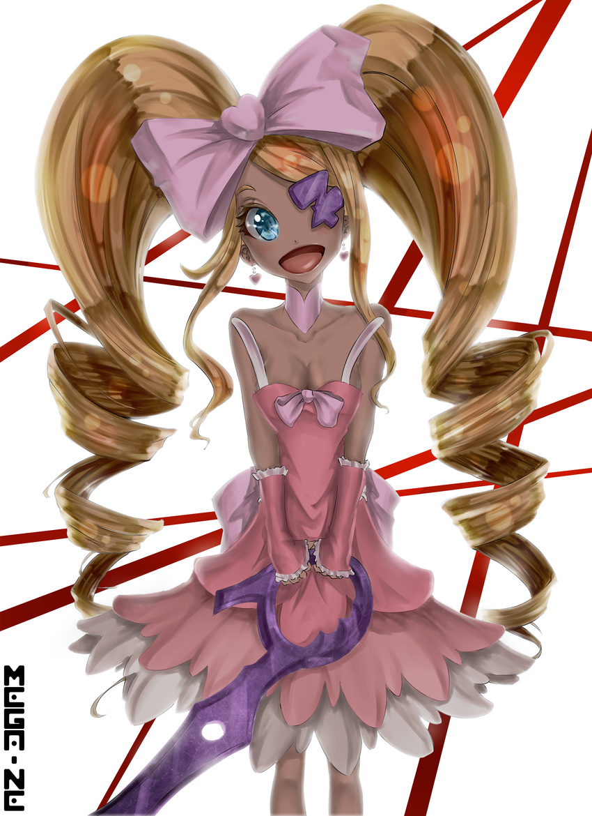 absurdres big_hair blonde_hair blue_eyes bow breasts choker cleavage dress drill_hair earrings eyepatch hair_bow harime_nui heart heart_earrings highres jewelry kill_la_kill long_hair mega-ne open_mouth pink_bow scissor_blade small_breasts smile solo twin_drills twintails vambraces very_long_hair weapon