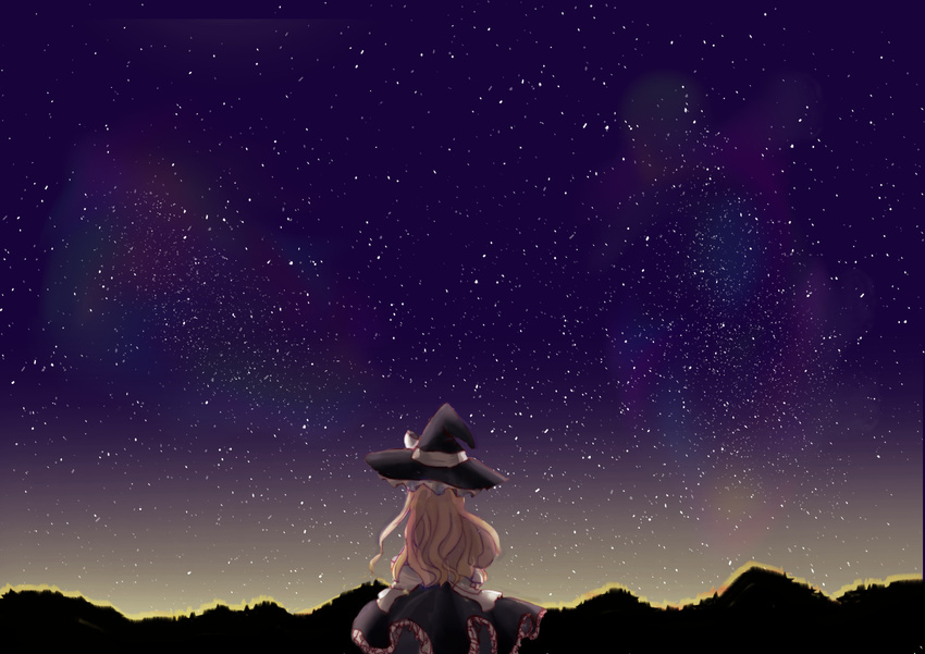 bad_id bad_pixiv_id blonde_hair from_behind hat hat_ribbon highres kirisame_marisa long_hair nebula nowa_(agag0111) outdoors ribbon skirt skirt_set sky solo star_(sky) starry_sky touhou twilight witch_hat