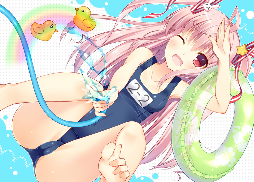 ;d ahoge barefoot bekotarou cameltoe fang hose innertube long_hair one-piece_swimsuit one_eye_closed open_mouth original pink_eyes pink_hair rubber_duck school_swimsuit smile solo swimsuit toes two_side_up water