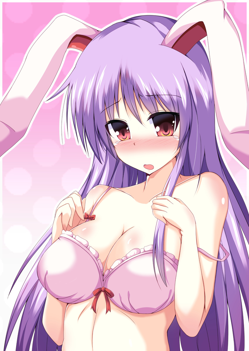animal_ears blush bra breasts bunny_ears cleavage highres large_breasts long_hair naba_(take_tonbo) open_mouth purple_hair red_eyes reisen_udongein_inaba solo strap_slip touhou underwear very_long_hair