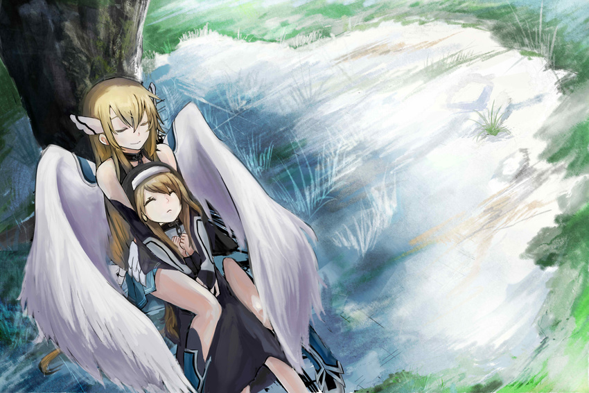absurdres against_tree angel_wings astraea blonde_hair brown_hair chaos_(sora_no_otoshimono) clenched_hand closed_eyes facing_viewer grass habit hands_up highres long_hair lying multiple_girls on_back outdoors shuiping_anding_mian sitting sora_no_otoshimono tree white_wings wings