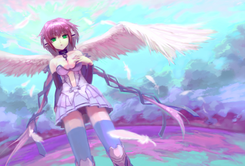 angel_wings bad_id bad_pixiv_id cloud day feathered_wings feathers green_eyes hair_ornament hair_ribbon highres ikaros jiaozhichen long_hair looking_at_viewer pink_hair pleated_skirt ribbon skirt sky solo sora_no_otoshimono thighhighs wings zettai_ryouiki