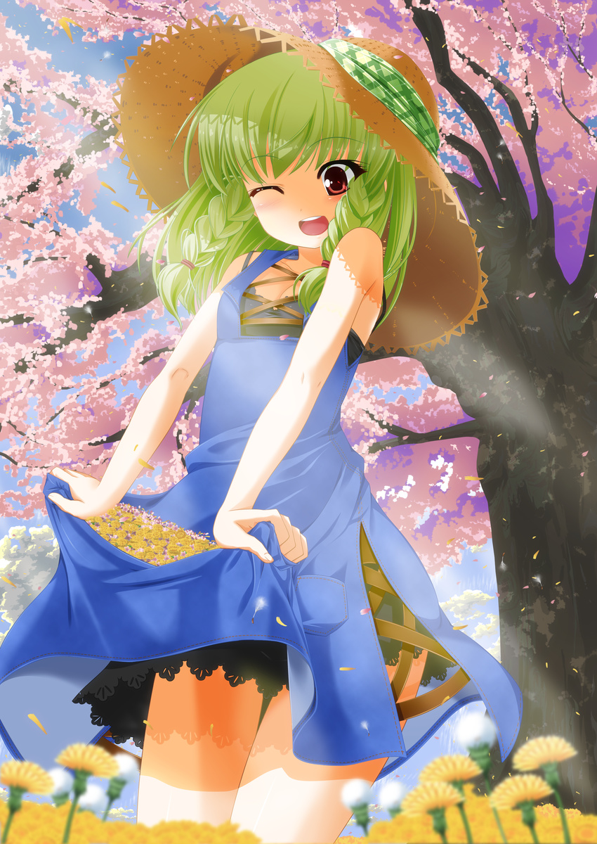 absurdres braid cherry_blossoms eiyuu_(eiyuu04) flower green_hair hair_over_shoulder hat highres long_hair one_eye_closed original red_eyes skirt_basket smile solo straw_hat tree twin_braids