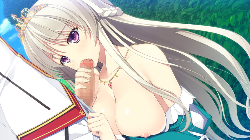 1girl bare_shoulders blush breasts censored cleavage dress dress_pull fellatio game_cg grey_hair hetero jewelry juukishi_cutie_bullet large_breasts long_hair mosaic_censoring necklace nipples off_shoulder oral penis purple_eyes reina_de_medishi saliva solo_focus tiara tongue yuuki_hagure