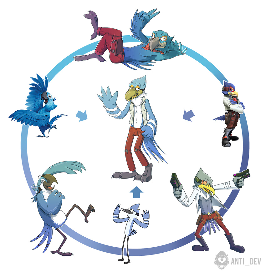 anti_dev avian bird blu blu_(rio) blue_feathers blue_jay boots clothing crossed_arms falco_lombardi feathers feral fusion gun handgun hexafusion jacket looking_at_viewer lying macaw male mordecai nintendo pants parrot plain_background pose ranged_weapon regular_show rio solo star_fox video_games weapon white_background