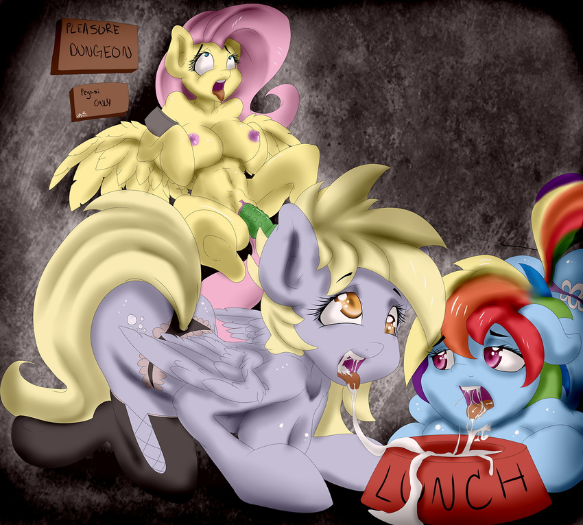abuse anthro anthrofied bdsm blonde_hair blue_fur bowl breasts cum cutie_mark derpy_hooves_(mlp) dildo english_text equine female fluttershy_(mlp) food_bowl friendship_is_magic fur grey_fur group hair horse insertion inside lesbian long_hair mammal multi-colored_hair my_little_pony navel nipples open_mouth panties pegasus penetration pink_hair pussy rainbow_dash_(mlp) rainbow_hair sex_toy sign text tongue tongue_out underwear vaginal vaginal_insertion vaginal_penetration wazzart wings yellow_fur