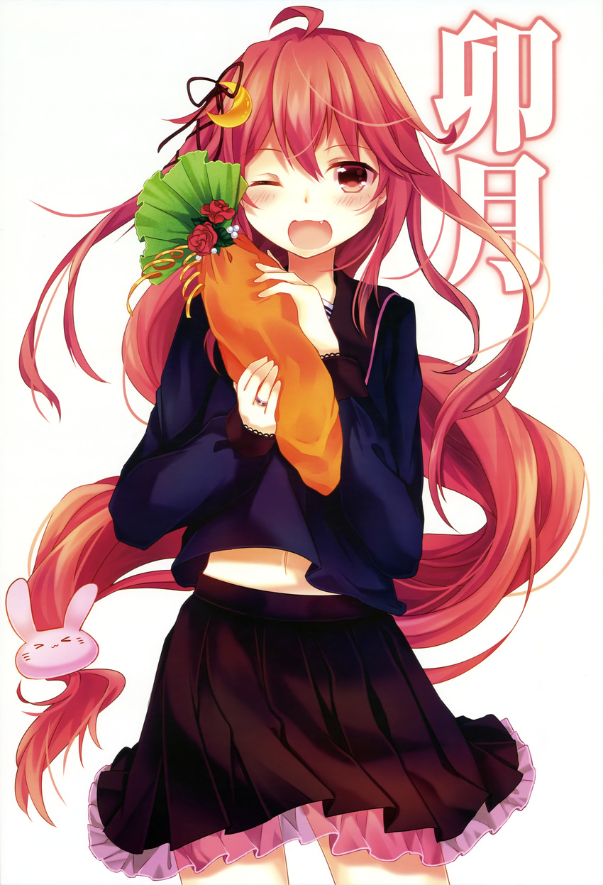 absurdres ahoge blush bunny_hair_ornament crescent crescent_hair_ornament fang hair_ornament hair_ribbon highres kantai_collection kusada_souta long_hair looking_at_viewer navel non-web_source nyantype official_art one_eye_closed open_mouth red_eyes red_hair ribbon smile solo uzuki_(kantai_collection) very_long_hair