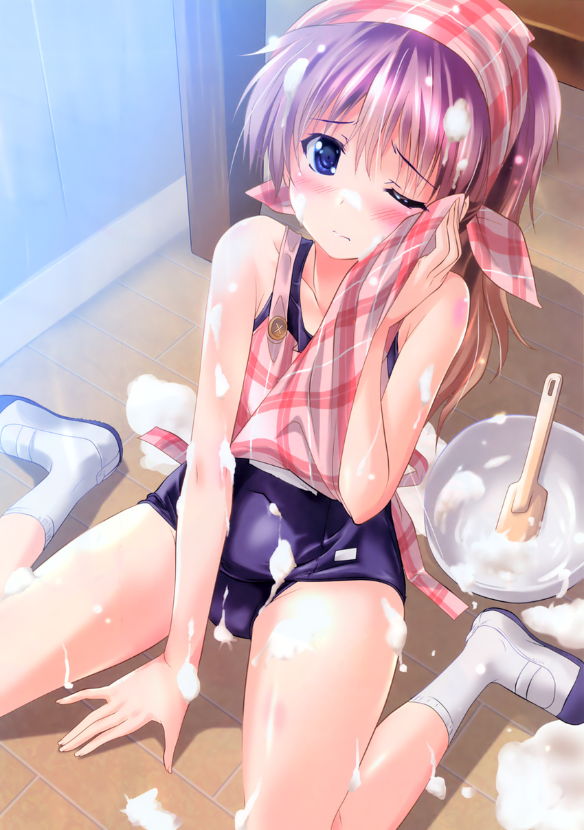3; absurdres apron bare_shoulders blue_eyes bowl brown_hair collarbone copyright_request cream failure from_above full_body head_scarf highres komatsu_eiji mixing_bowl plaid school_swimsuit shoes sitting socks solo spatula spill swimsuit swimsuit_under_clothes tile_floor tiles uwabaki wariza white_legwear wiping_face