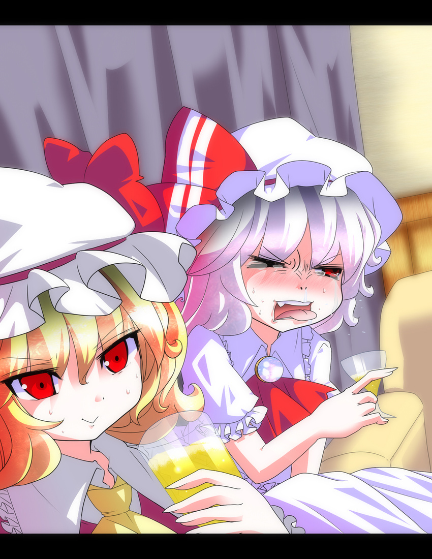 &gt;_o ascot blonde_hair commentary_request disgust flandre_scarlet glass hat highres letterboxed manatsu_no_yo_no_inmu multiple_girls one_eye_closed open_mouth ramutaizumu red_eyes remilia_scarlet short_hair siblings sisters tears tongue tongue_out touhou wince
