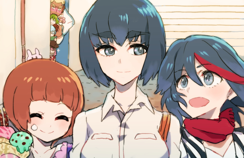 4girls alternate_hairstyle bad_id bad_pixiv_id black_hair blonde_hair blue_hair brown_hair casual closed_eyes crepe food gamagoori_ira green_hair highres ice_cream inumuta_houka jakuzure_nonon kill_la_kill kiryuuin_satsuki mankanshoku_mako matoi_ryuuko multicolored_hair multiple_boys multiple_girls peeking_out pink_hair sanageyama_uzu shirt smile spoilers two-tone_hair yosimurarisa