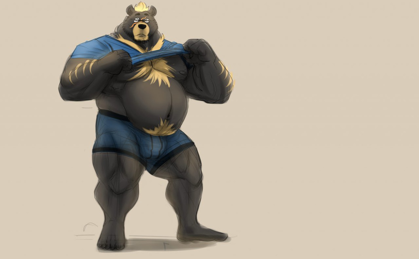 bear bulge clothing eyewear galvinwolf glasses male mammal nipples overweight shirt shirt_lift solo