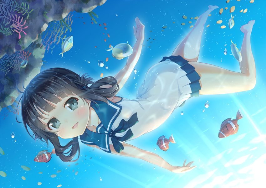 alternate_costume barefoot black_hair blue_eyes blush dress fish folded_hair freediving full_body hair_rings ichi_makoto long_hair long_legs looking_at_viewer nagi_no_asukara rock sailor_dress school_uniform serafuku shiodome_miuna smile solo swimming twintails underwater