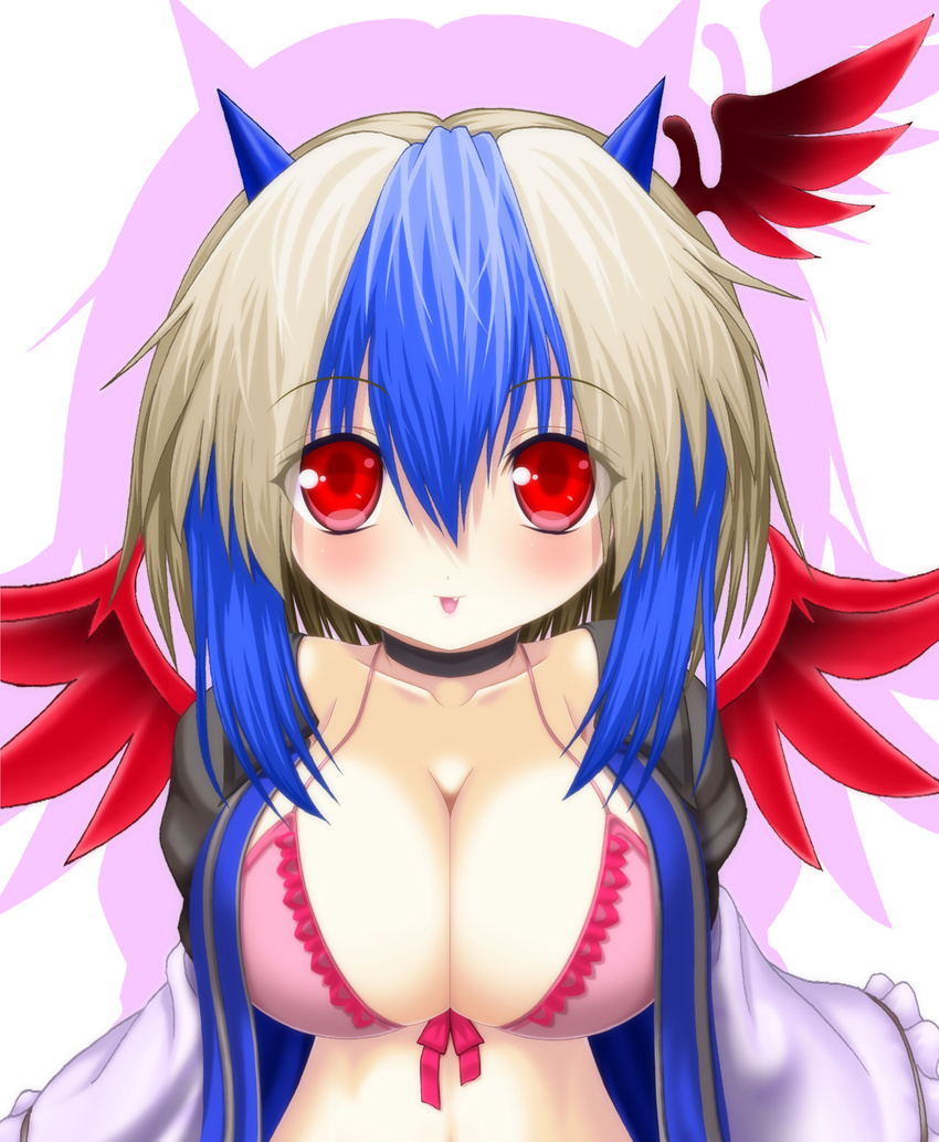 asamura_hiori blue_hair blush bra breasts choker fang grey_hair head_wings highres horns large_breasts lingerie looking_at_viewer multicolored_hair open_clothes pink_bra pov red_wings short_hair single_head_wing solo teasing tokiko_(touhou) touhou two-tone_hair underwear wings
