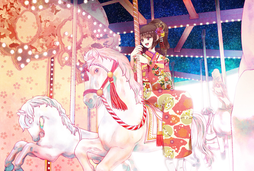bad_id bad_pixiv_id black_hair carousel furai hair_ornament highres japanese_clothes kimono original pink_eyes solo