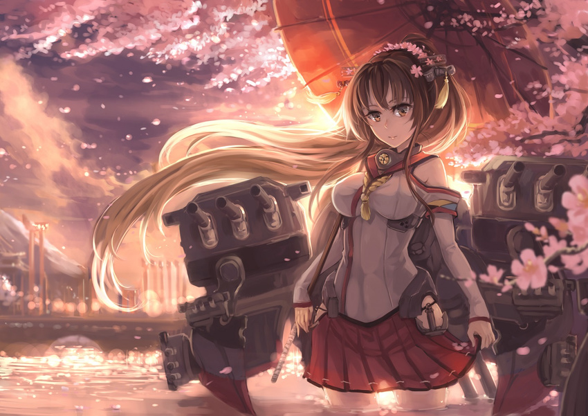 breasts brown_eyes brown_hair cherry_blossoms flower hair_flower hair_ornament kantai_collection ks long_hair long_sleeves looking_at_viewer machinery medium_breasts oriental_umbrella petals pleated_skirt ponytail skirt skirt_hold smile solo standing umbrella very_long_hair wading water yamato_(kantai_collection)