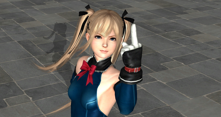 3d blonde_hair blue_eyes bow bowtie collar dead_or_alive dead_or_alive_5 elbow_gloves frilled_collar frills gloves hair_ribbon leotard marie_rose middle_finger ribbon small_breasts twintails