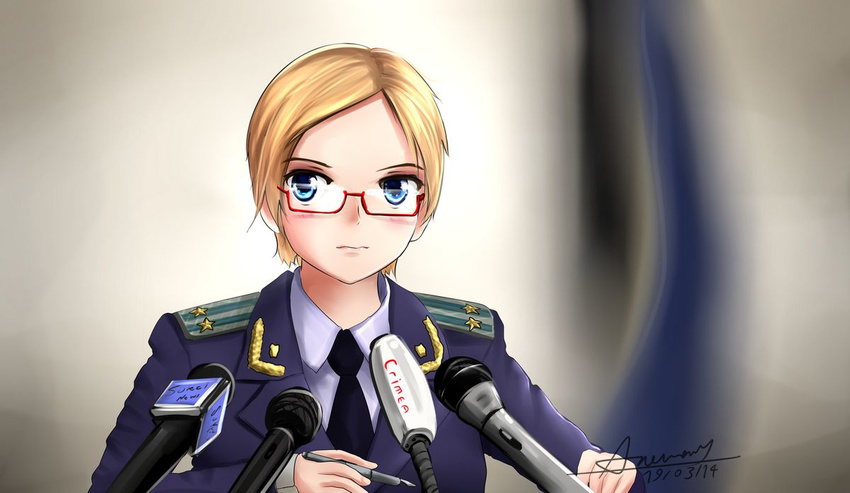 bangs blonde_hair glasses microphone military military_uniform natalia_poklonskaya parted_bangs real_life short_hair solo uniform