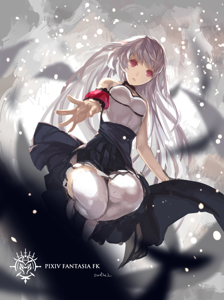bad_id bad_pixiv_id dress highres long_hair looking_at_viewer outstretched_hand pink_eyes pixiv_fantasia pixiv_fantasia_fallen_kings silver_hair solo swd3e2 thighhighs