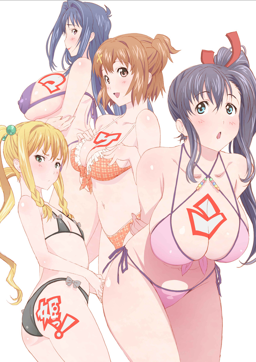 absurdres amaya_haruko ass bikini blonde_hair blue_eyes blush bodypaint breast_envy breasts brown_hair cleavage criss-cross_halter flat_chest frilled_bikini frills front-tie_top green_eyes halter_top halterneck hanging_breasts highres himegami_kodama huge_breasts kushiya_inaho large_breasts long_hair maken-ki! multiple_girls navel nijou_aki nipples plaid plaid_bikini red_eyes shiny shiny_skin short_hair side-tie_bikini skindentation smile standing swimsuit takami_akio twintails