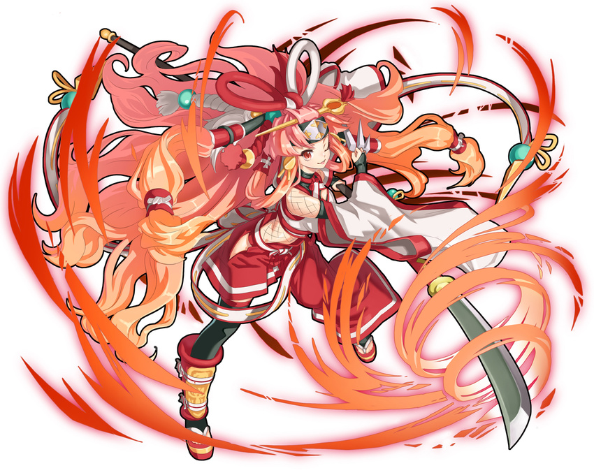 chiyome_(p&amp;d) japanese_clothes long_hair miko orange_hair puzzle_&amp;_dragons red_eyes spear weapon winddale