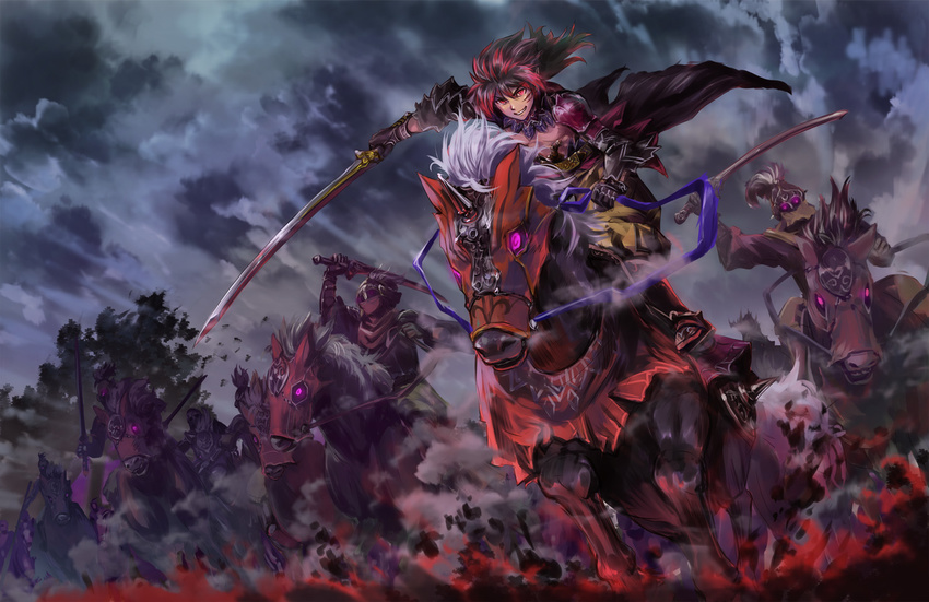 animal armor cape horse iceojin long_hair male pixiv_fantasia red_eyes red_hair sword weapon