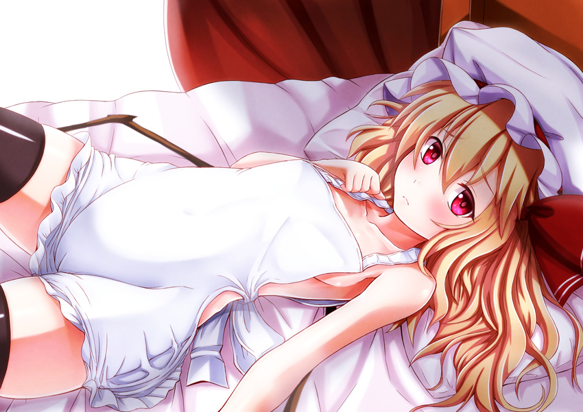 apron bed_sheet black_legwear blonde_hair blush breasts cameltoe curtains ebi_193 flandre_scarlet hair_ribbon hat looking_at_viewer lying md5_mismatch on_back on_bed red_eyes ribbon short_hair side_ponytail sideboob small_breasts solo thighhighs touhou wings