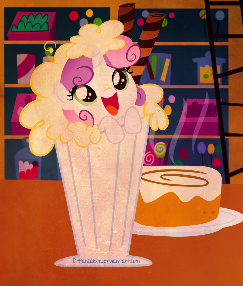 candy cub cute drpancakees equine female friendship_is_magic fur glass green_eyes hair hi_res horn ladder mammal milkshake multi-colored_hair my_little_pony open_mouth plate shelf smile sweetie_belle_(mlp) tongue two_tone_hair unicorn whipped_cream white_fur young