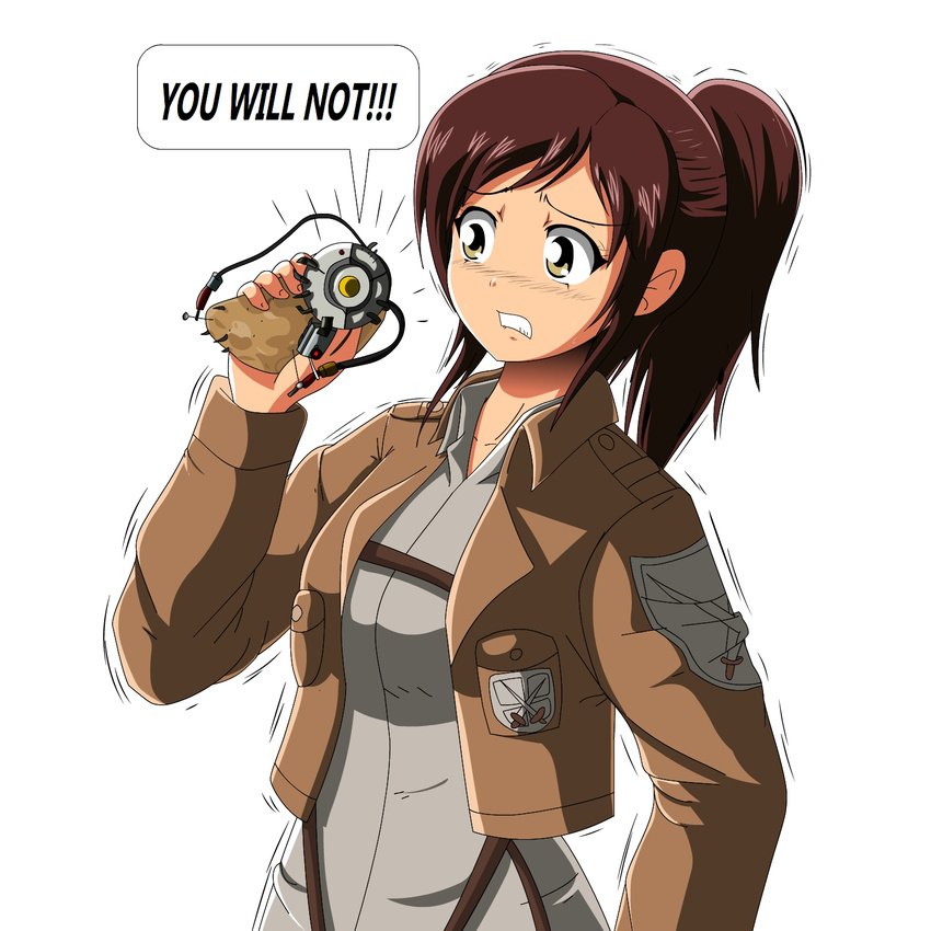 1girl brown_hair crossover glados long_hair portal potato sasha_braus shingeki_no_kyojin simple_background standing