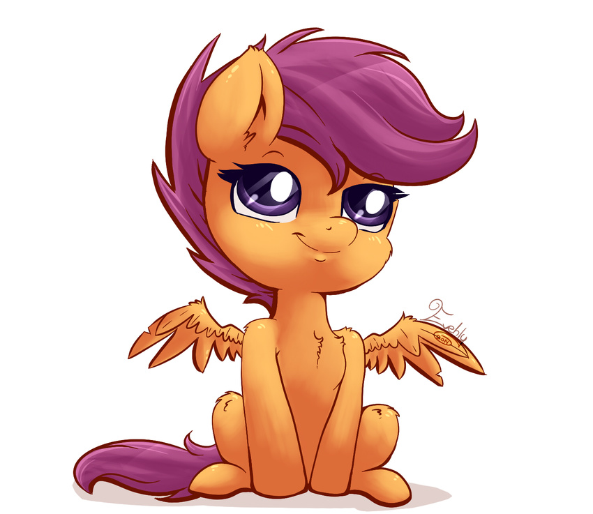 cub equine evehly female friendship_is_magic fur hair horse mammal my_little_pony orange_fur pegasus plain_background pony purple_eyes purple_hair scootaloo_(mlp) sitting smile solo white_background wings young