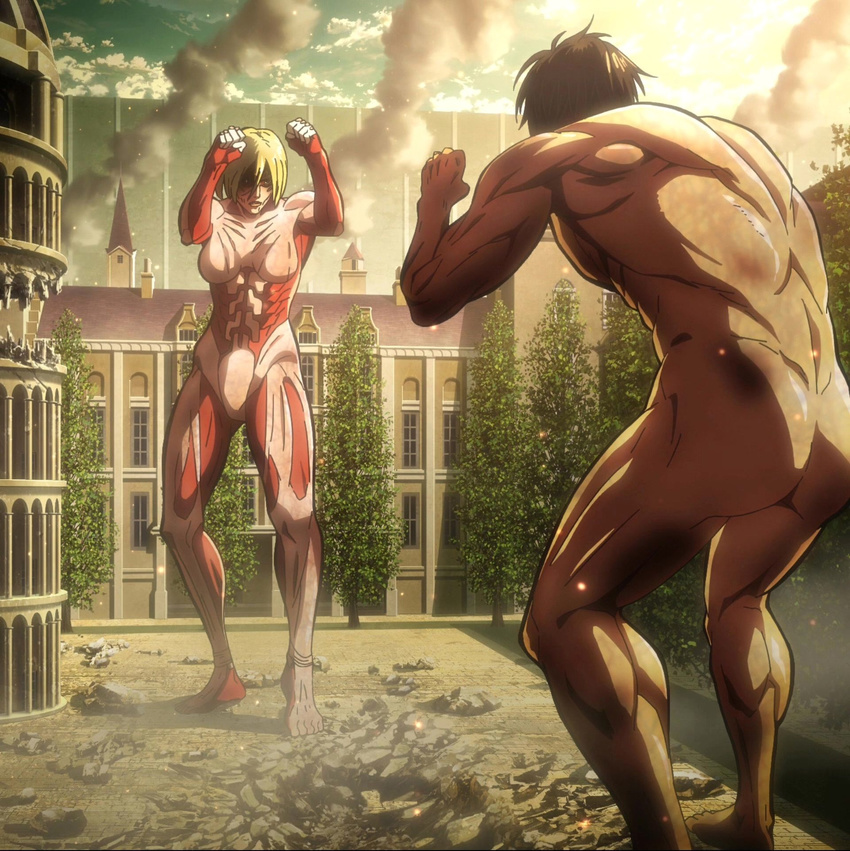 1boy 1girl annie_leonhardt blonde_hair eren_yeager female_titan highres muscle rogue_titan shingeki_no_kyojin short_hair standing stitched