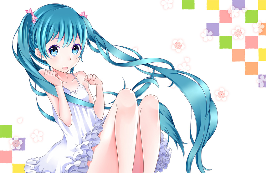 aqua_hair blue_eyes dress hatsune_miku long_hair mochi-pon sitting solo twintails very_long_hair vocaloid