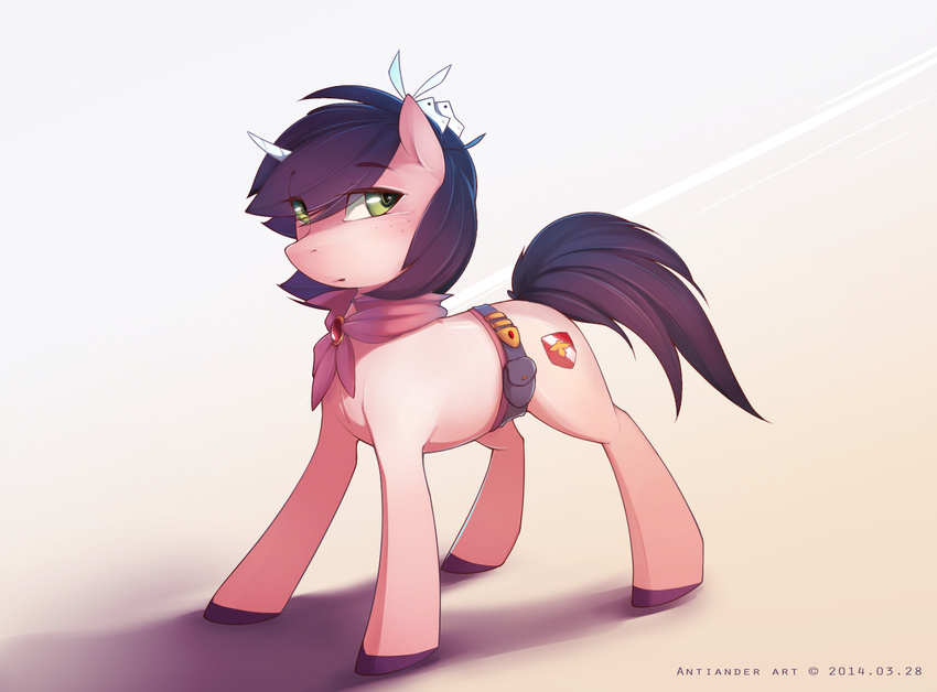 ambiguous_gender antiander belt cutie_mark equine freckles fur hair hooves horn horse looking_back mammal my_little_pony original_character pink_fur pony purple_hair scarf short_hair solo unicorn