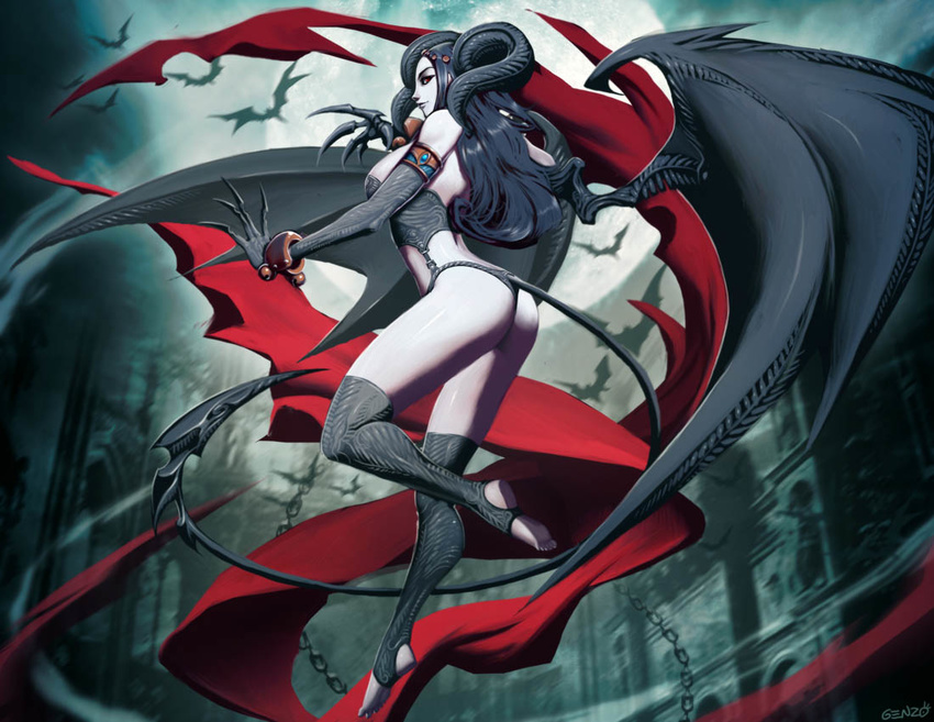 1girl ass black_gloves black_hair black_legwear breasts chains claws demon_girl demon_tail demon_wings female genzoman gloves horns large_breasts lilith long_hair looking_at_viewer looking_back smile solo tail wings